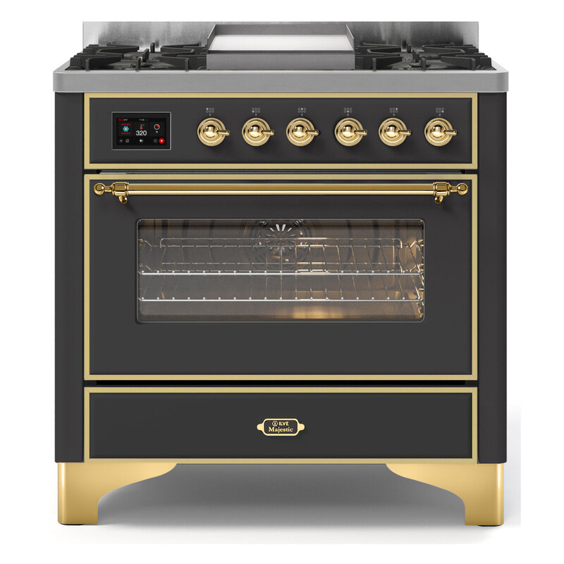 ILVE UM09FDNS3MGGLP Majestic II 36" Dual Fuel Range  (Graphite Matte, Brass, Liquid Propane, Triple Glass Door)