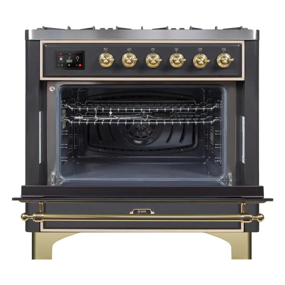 ILVE UM09FDNS3MGG Majestic II 36 Dual Fuel Range Graphite Matte Brass Natural Gas Triple Glass Door ILVE