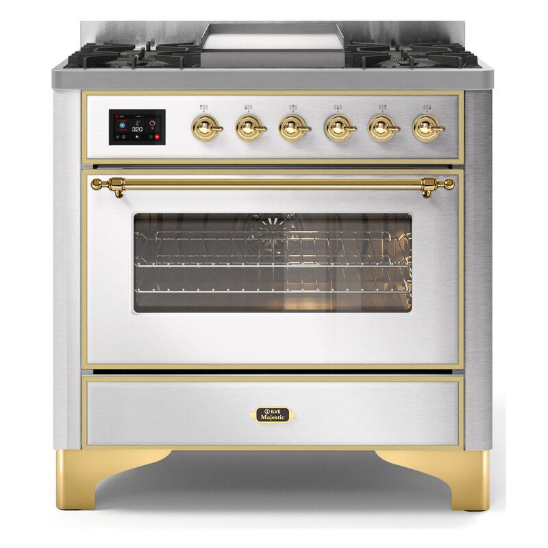 ILVE UM09FDNS3SSGLP Majestic II 36" Dual Fuel Range  (Stainless Steel, Brass, Liquid Propane, Triple Glass Door)