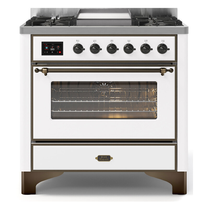 ILVE UM09FDNS3WHBLP Majestic II 36" Dual Fuel Range  (White, Burnished, Liquid Propane, Triple Glass Door)