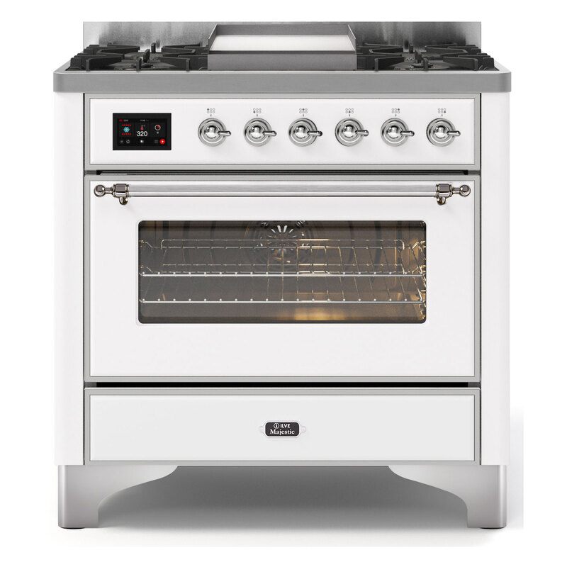 ILVE UM09FDNS3WHCLP Majestic II 36" Dual Fuel Range  (White, Chrome, Liquid Propane, Triple Glass Door)