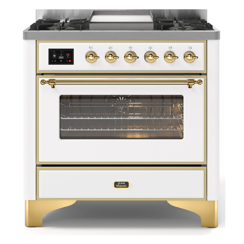 ILVE UM09FDNS3WHGLP Majestic II 36" Dual Fuel Range  (White, Brass, Liquid Propane, Triple Glass Door)