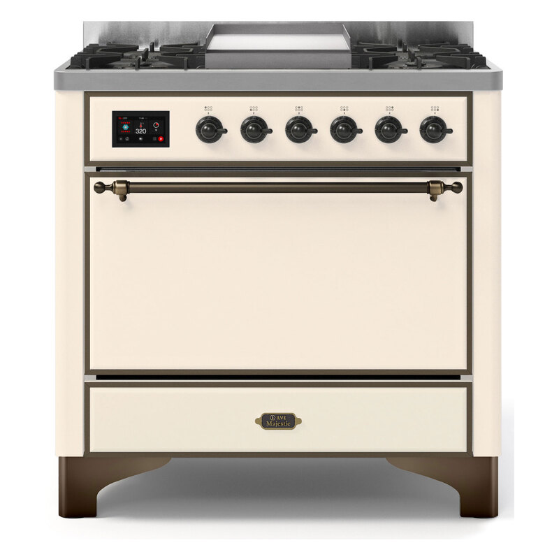 ILVE UM09FDQNS3AWBLP Majestic II 36" Dual Fuel Range  (Antique White, Burnished, Liquid Propane, Solid Door)