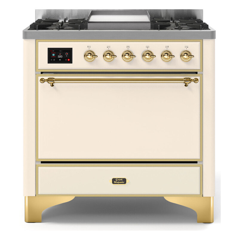 ILVE UM09FDQNS3AWGLP Majestic II 36" Dual Fuel Range  (Antique White, Brass, Liquid Propane, Solid Door)