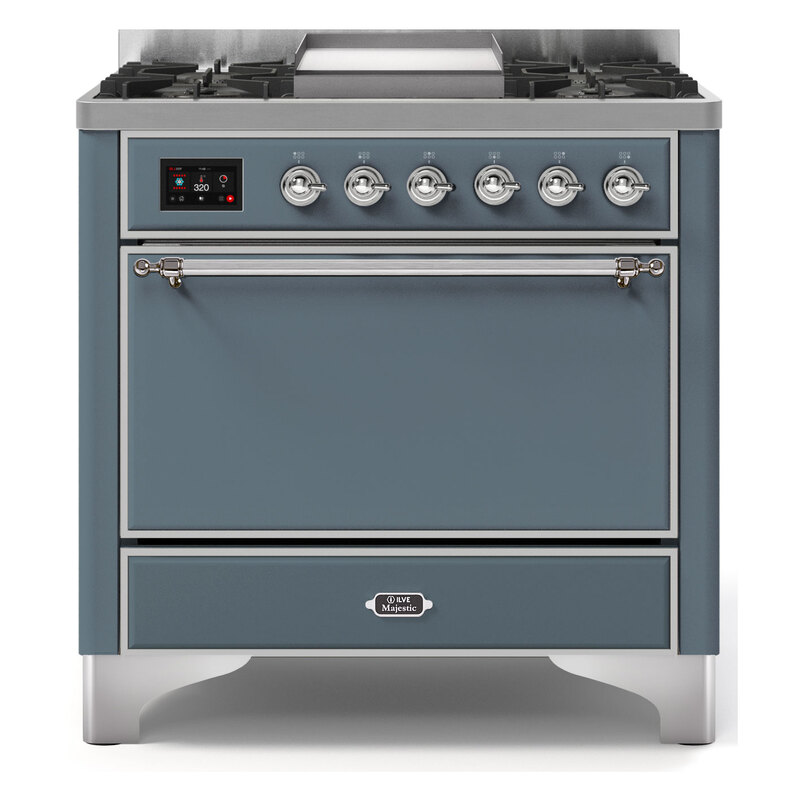 ILVE UM09FDQNS3BGCLP Majestic II 36" Dual Fuel Range  (Blue Grey, Chrome, Liquid Propane, Solid Door)