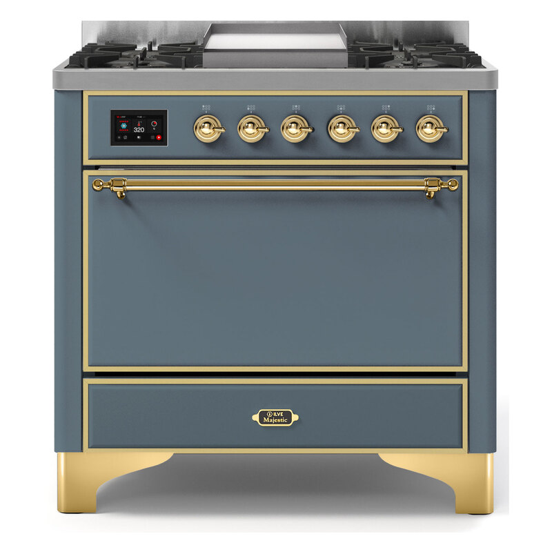 ILVE UM09FDQNS3BGGLP Majestic II 36" Dual Fuel Range  (Blue Grey, Brass, Liquid Propane, Solid Door)