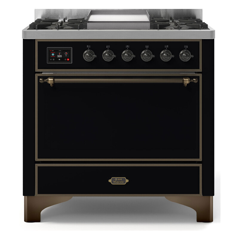 ILVE UM09FDQNS3BKBLP Majestic II 36" Dual Fuel Range  (Glossy Black, Burnished, Liquid Propane, Solid Door)