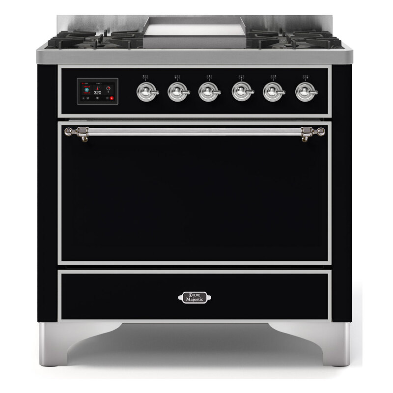 ILVE UM09FDQNS3BKCLP Majestic II 36" Dual Fuel Range  (Glossy Black, Chrome, Liquid Propane, Solid Door)