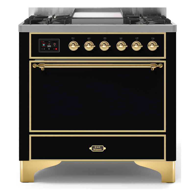 ILVE UM09FDQNS3BKGLP Majestic II 36" Dual Fuel Range  (Glossy Black, Brass, Liquid Propane, Solid Door)