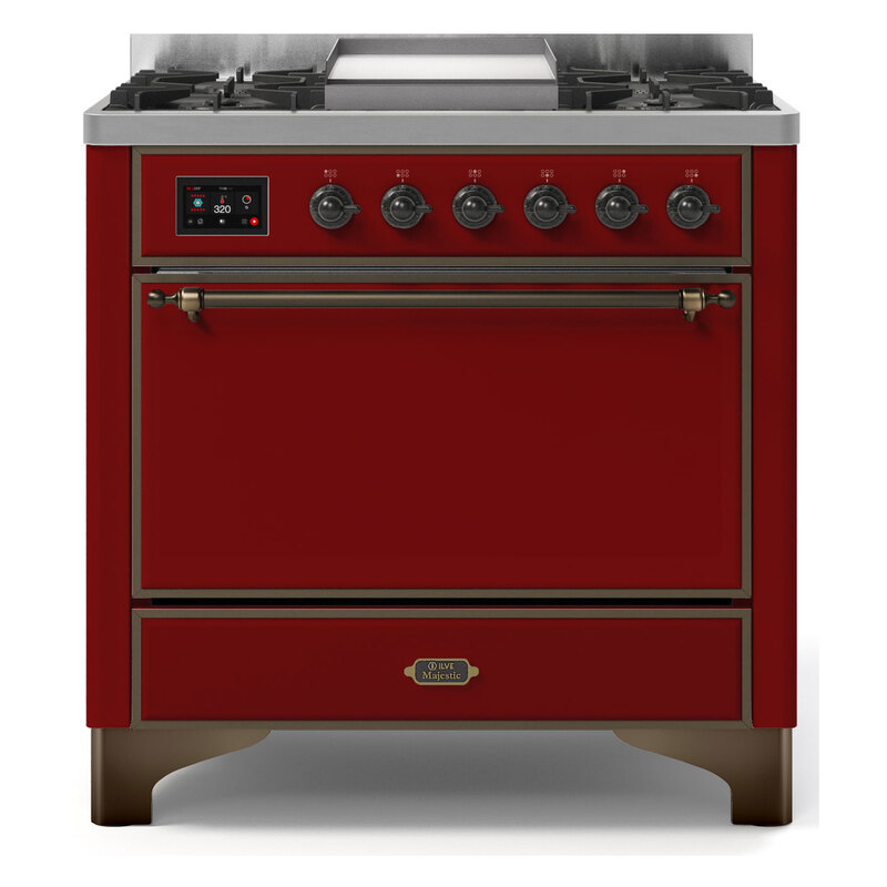 ILVE UM09FDQNS3BUBLP Majestic II 36" Dual Fuel Range  (Burgundy, Burnished, Liquid Propane, Solid Door)