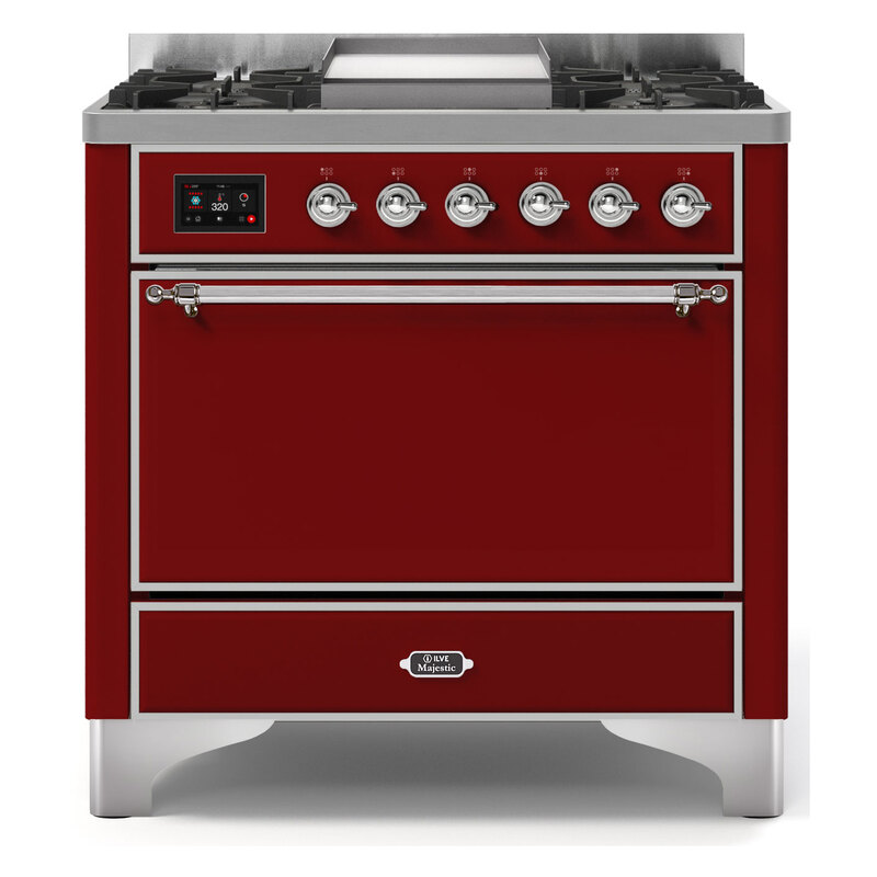 ILVE UM09FDQNS3BUCLP Majestic II 36" Dual Fuel Range  (Burgundy, Chrome, Liquid Propane, Solid Door)