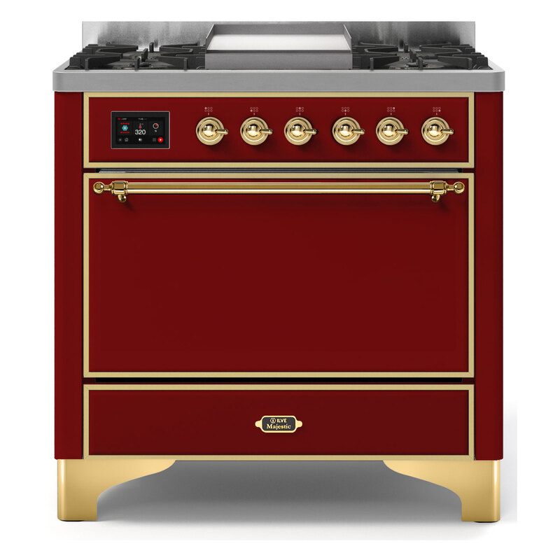 ILVE UM09FDQNS3BUG Majestic II 36" Dual Fuel Range  (Burgundy, Brass, Natural Gas, Solid Door)