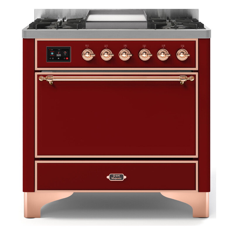 ILVE UM09FDQNS3BUPLP Majestic II 36" Dual Fuel Range  (Burgundy, Copper, Liquid Propane, Solid Door)