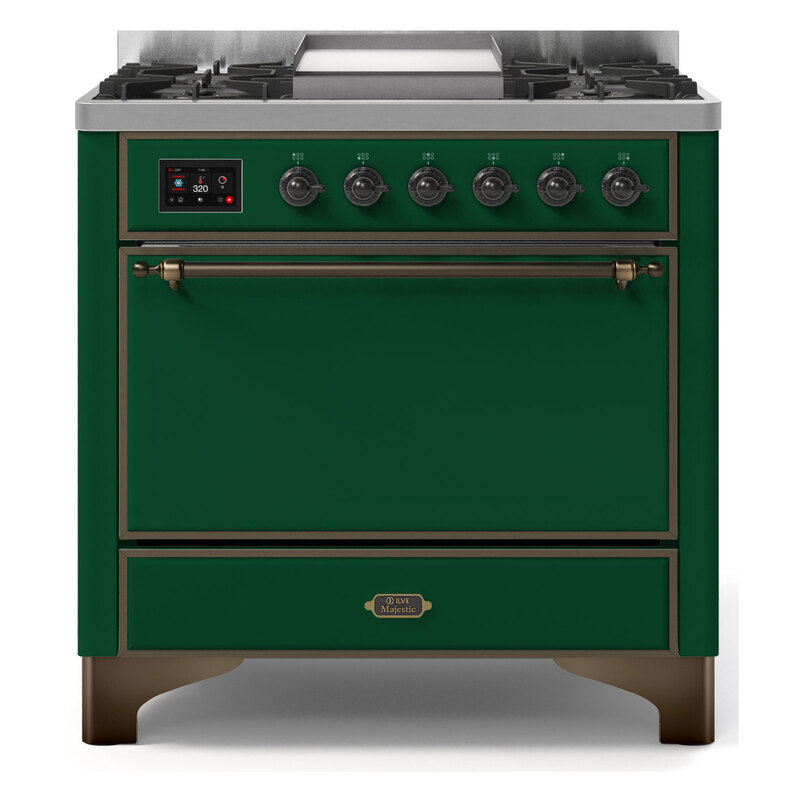 ILVE UM09FDQNS3EGBLP Majestic II 36" Dual Fuel Range  (Emerald Green, Burnished, Liquid Propane, Solid Door)