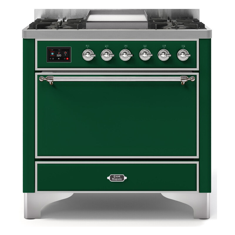 ILVE UM09FDQNS3EGCLP Majestic II 36" Dual Fuel Range  (Emerald Green, Chrome, Liquid Propane, Solid Door)