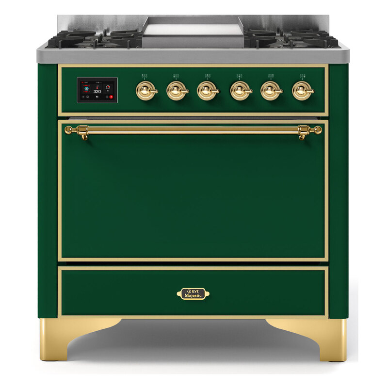 ILVE UM09FDQNS3EGGLP Majestic II 36" Dual Fuel Range  (Emerald Green, Brass, Liquid Propane, Solid Door)