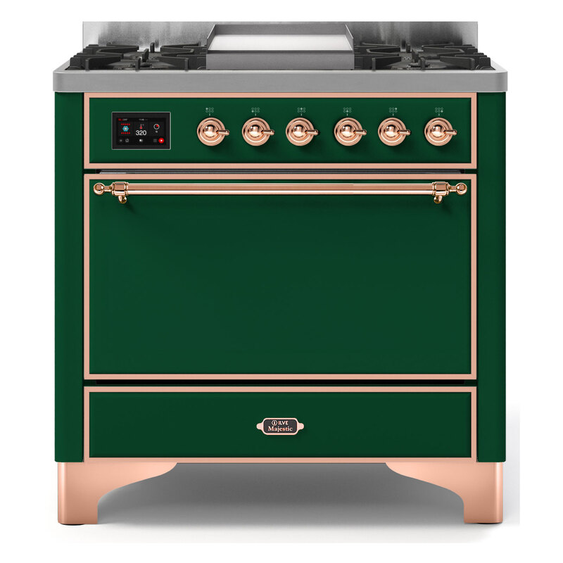 ILVE UM09FDQNS3EGPLP Majestic II 36" Dual Fuel Range  (Emerald Green, Copper, Liquid Propane, Solid Door)