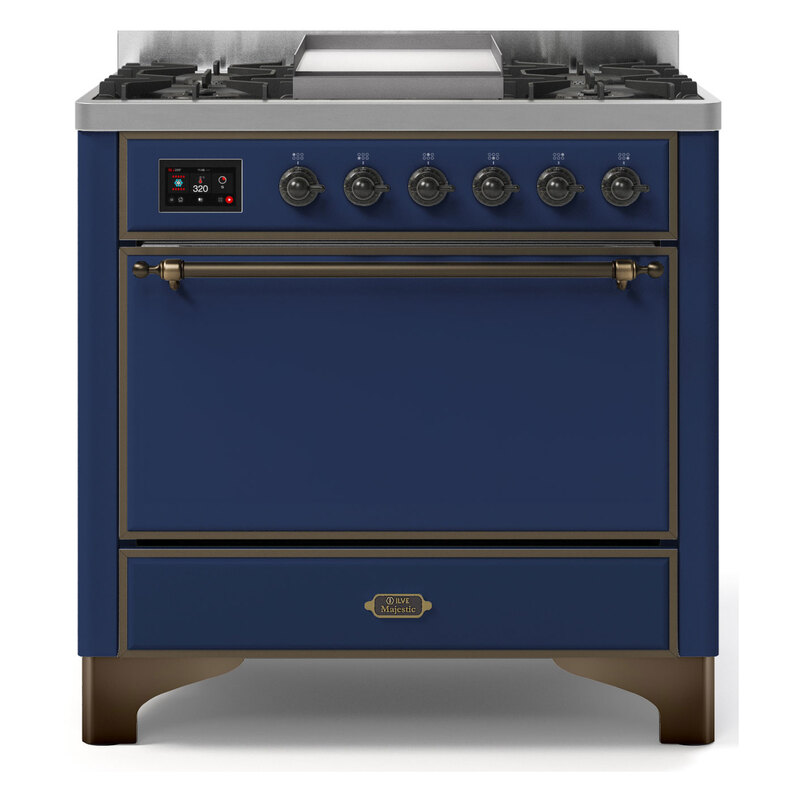 ILVE UM09FDQNS3MBBLP Majestic II 36" Dual Fuel Range  (Midnight Blue, Burnished, Liquid Propane, Solid Door)