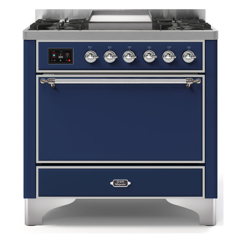 ILVE UM09FDQNS3MBCLP Majestic II 36" Dual Fuel Range  (Midnight Blue, Chrome, Liquid Propane, Solid Door)