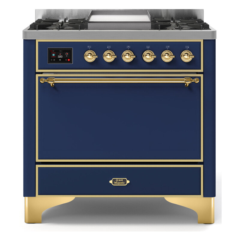 ILVE UM09FDQNS3MBGLP Majestic II 36" Dual Fuel Range  (Midnight Blue, Brass, Liquid Propane, Solid Door)