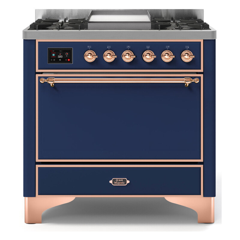 ILVE UM09FDQNS3MBPLP Majestic II 36" Dual Fuel Range  (Midnight Blue, Copper, Liquid Propane, Solid Door)