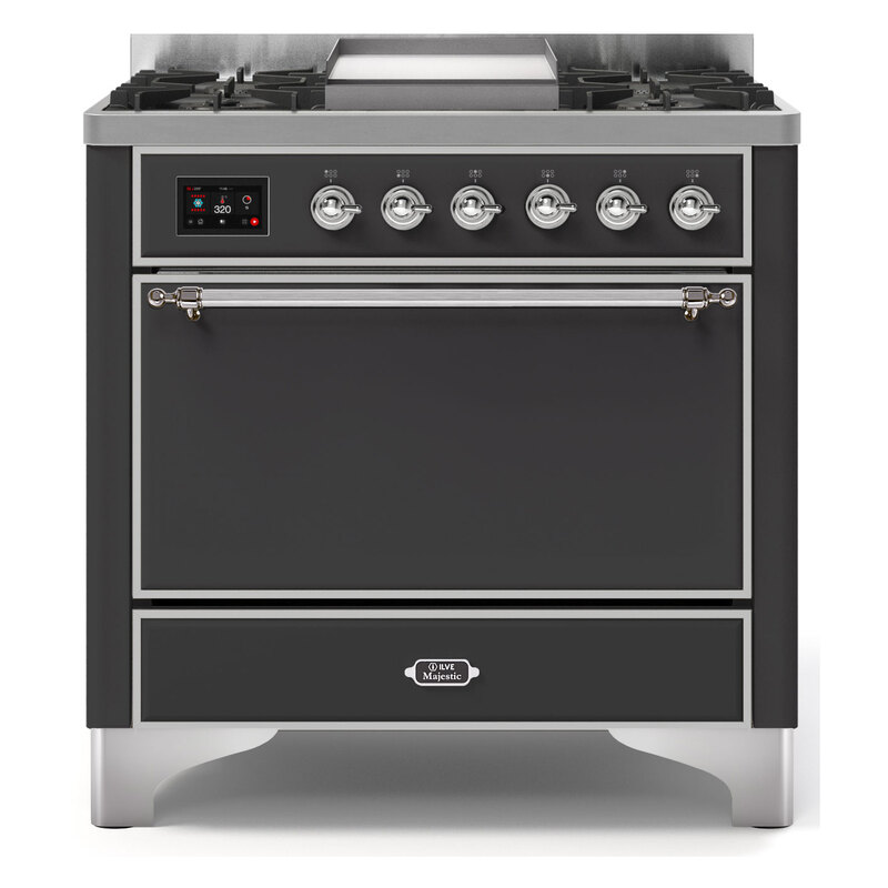 ILVE UM09FDQNS3MGCLP Majestic II 36" Dual Fuel Range  (Graphite Matte, Chrome, Liquid Propane, Solid Door)