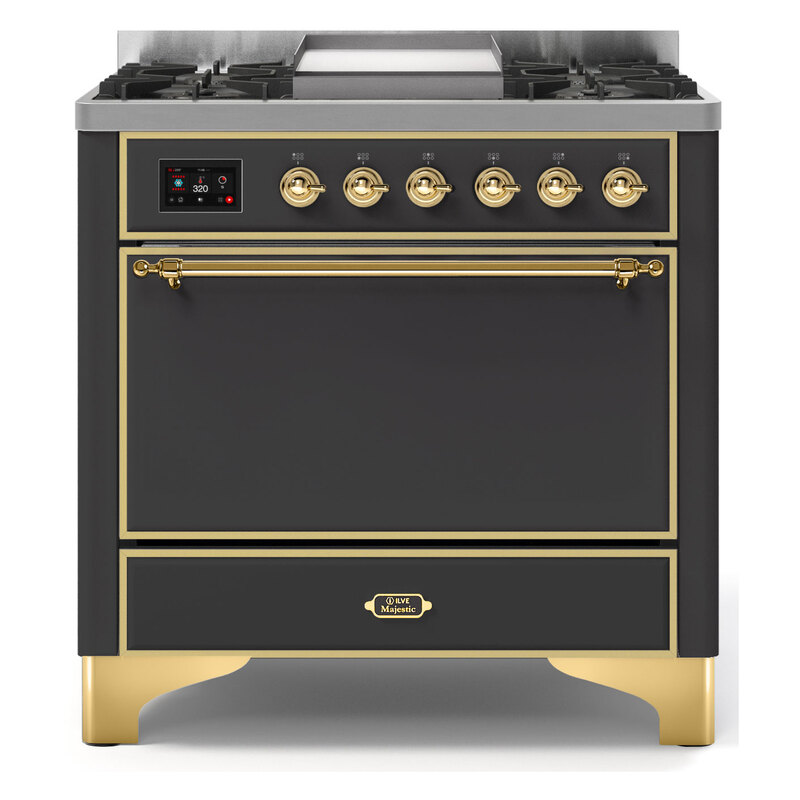 ILVE UM09FDQNS3MGGLP Majestic II 36" Dual Fuel Range  (Graphite Matte, Brass, Liquid Propane, Solid Door)