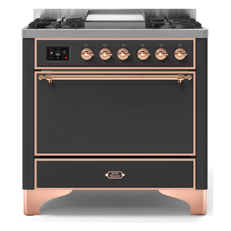 ILVE UM09FDQNS3MGPLP Majestic II 36" Dual Fuel Range  (Graphite Matte, Copper, Liquid Propane, Solid Door)