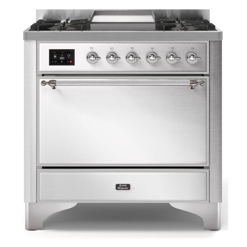 ILVE UM09FDQNS3SSCLP Majestic II 36" Dual Fuel Range  (Stainless Steel, Chrome, Liquid Propane, Solid Door)