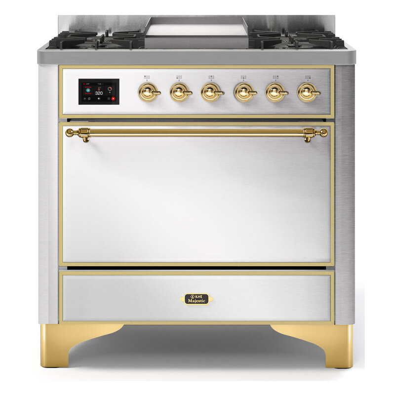 ILVE UM09FDQNS3SSGLP Majestic II 36" Dual Fuel Range  (Stainless Steel, Brass, Liquid Propane, Solid Door)