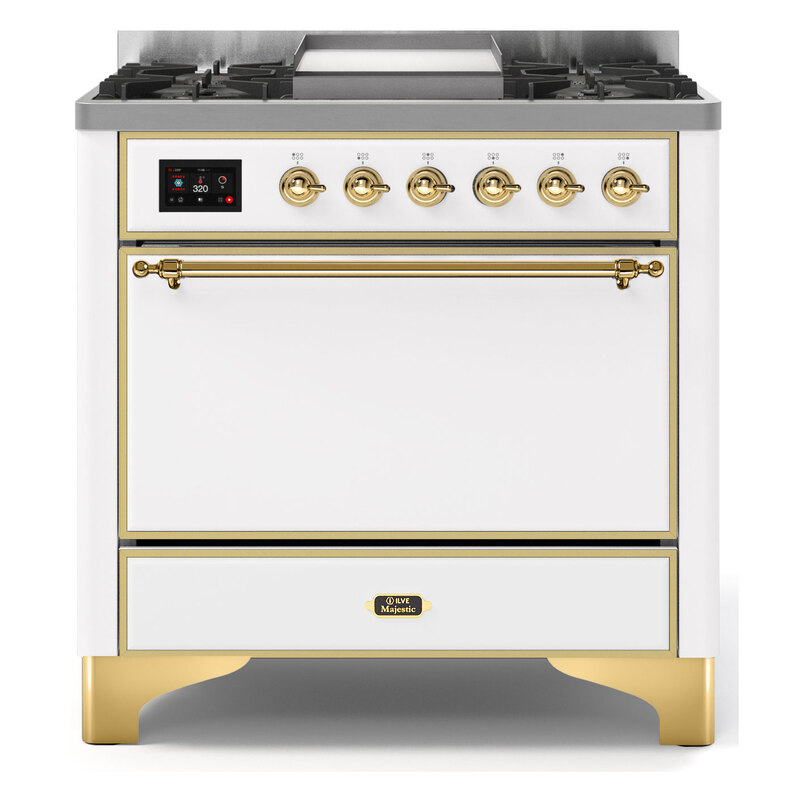 ILVE UM09FDQNS3WHGLP Majestic II 36" Dual Fuel Range  (White, Brass, Liquid Propane, Solid Door)