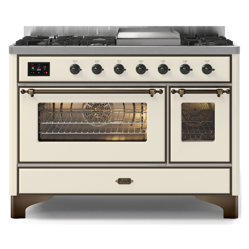 ILVE UM12FDNS3AWBLP Majestic II 48" Dual Fuel Range (Liquid Propane, Triple Glass Door, Antique White, Burnished)