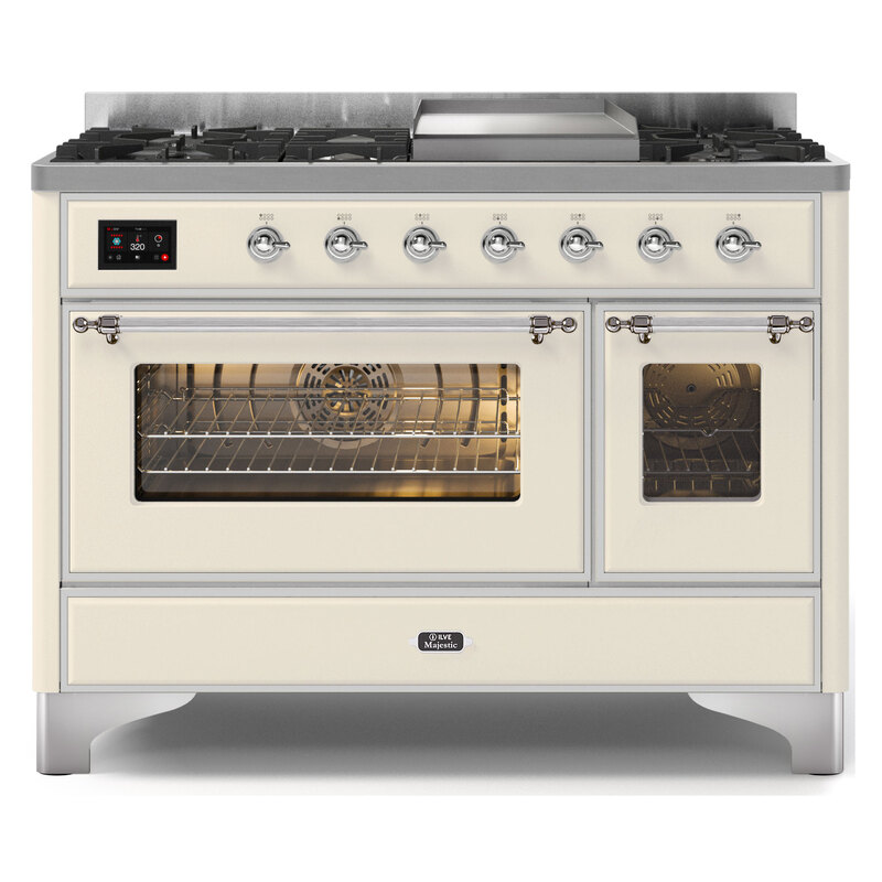 ILVE UM12FDNS3AWCLP Majestic II 48" Dual Fuel Range (Liquid Propane, Triple Glass Door, Antique White, Chrome)