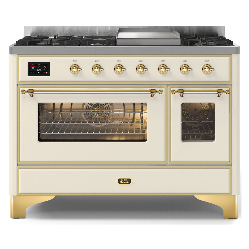 ILVE UM12FDNS3AWGLP Majestic II 48" Dual Fuel Range (Liquid Propane, Triple Glass Door, Antique White, Brass)