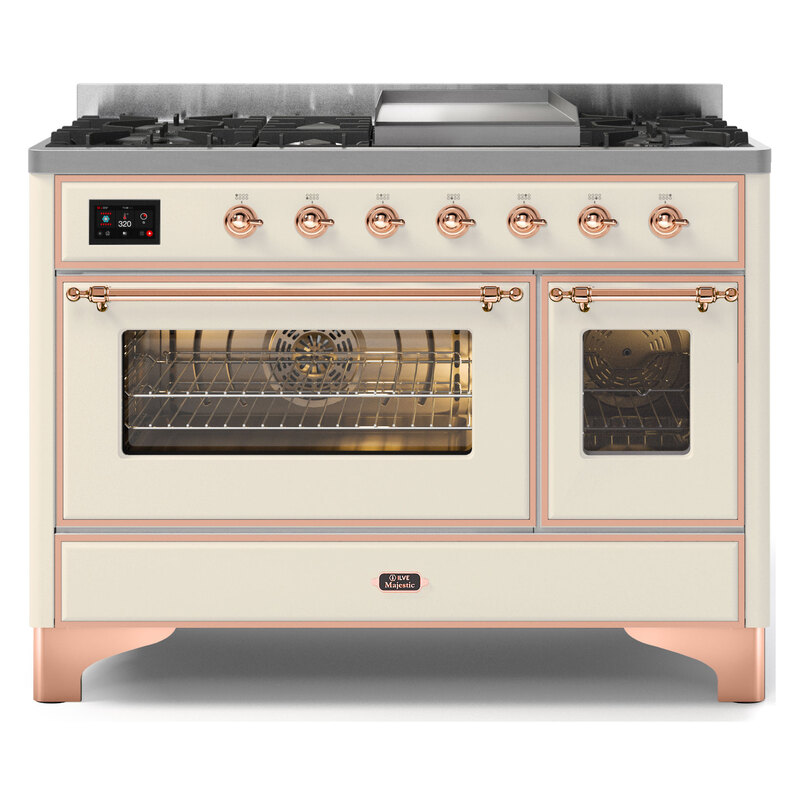 ILVE UM12FDNS3AWPLP Majestic II 48" Dual Fuel Range (Liquid Propane, Triple Glass Door, Antique White, Copper)