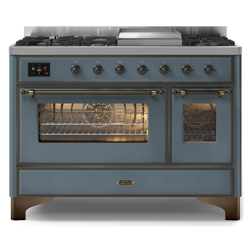 ILVE UM12FDNS3BGBLP Majestic II 48" Dual Fuel Range (Liquid Propane, Triple Glass Door, Blue Grey, Burnished)