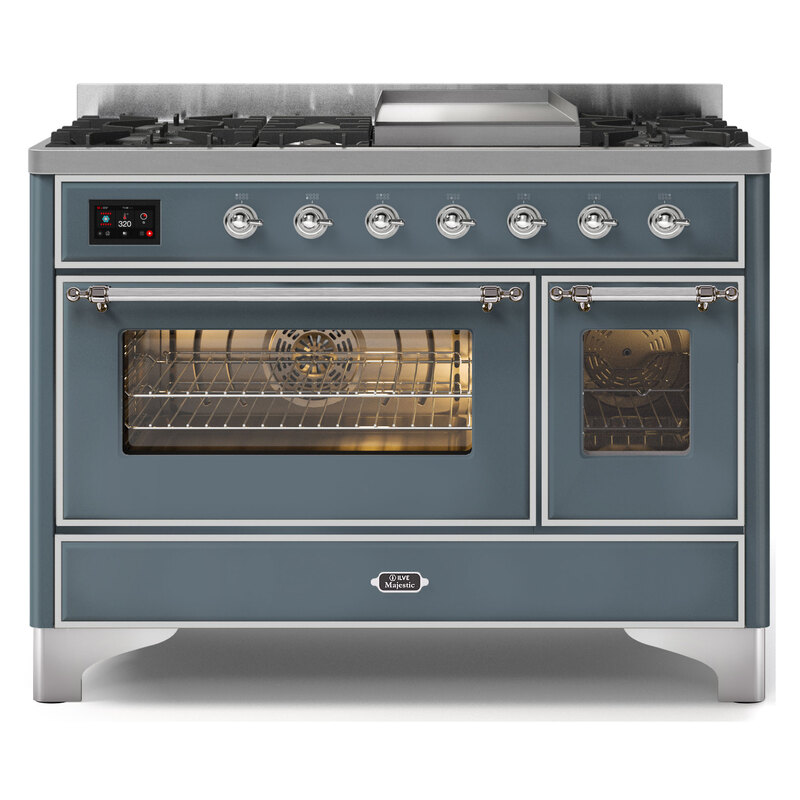 ILVE UM12FDNS3BGCLP Majestic II 48" Dual Fuel Range (Liquid Propane, Triple Glass Door, Blue Grey, Chrome)