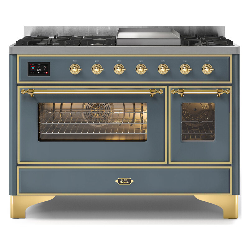 ILVE UM12FDNS3BGGLP Majestic II 48" Dual Fuel Range (Liquid Propane, Triple Glass Door, Blue Grey, Brass)