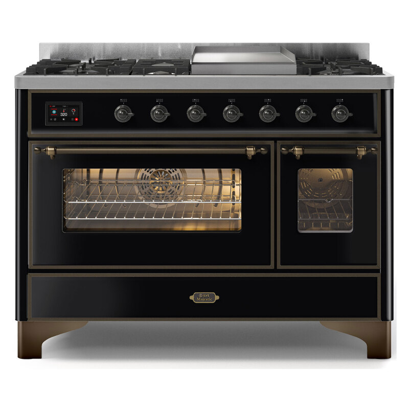 ILVE UM12FDNS3BKB Majestic II 48" Dual Fuel Range (Natural Gas, Triple Glass Door, Glossy Black, Burnished)