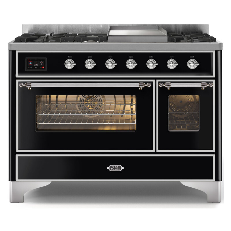 ILVE UM12FDNS3BKCLP Majestic II 48" Dual Fuel Range (Liquid Propane, Triple Glass Door, Glossy Black, Chrome)