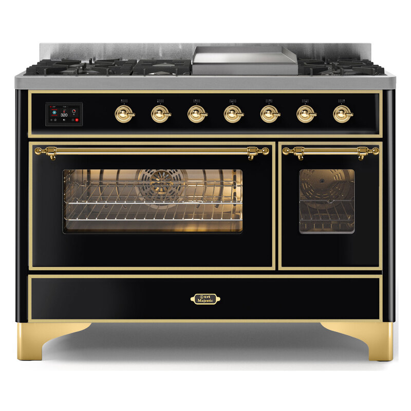 ILVE UM12FDNS3BKGLP Majestic II 48" Dual Fuel Range (Liquid Propane, Triple Glass Door, Glossy Black, Brass)