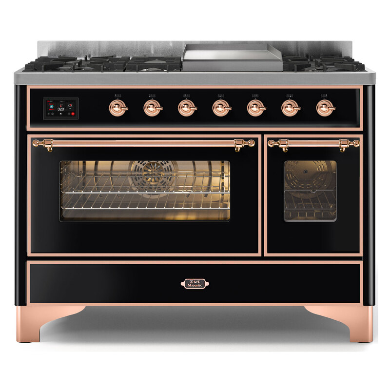 ILVE UM12FDNS3BKPLP Majestic II 48" Dual Fuel Range (Liquid Propane, Triple Glass Door, Glossy Black, Copper)