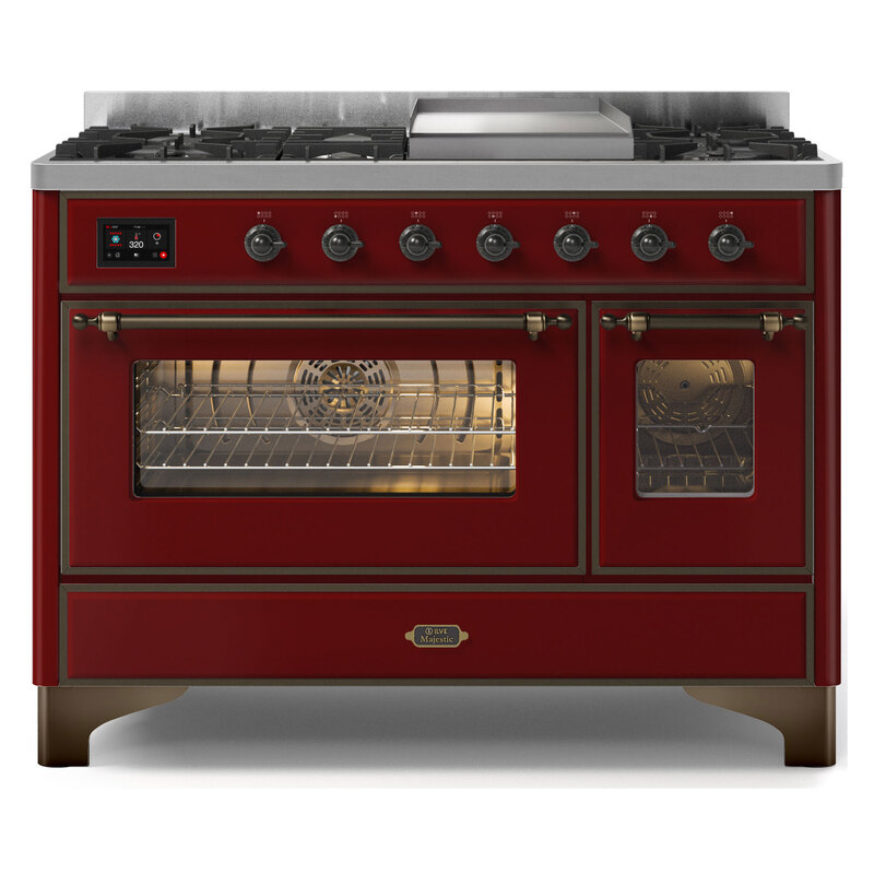 ILVE UM12FDNS3BUBLP Majestic II 48" Dual Fuel Range (Liquid Propane, Triple Glass Door, Burgundy, Burnished)