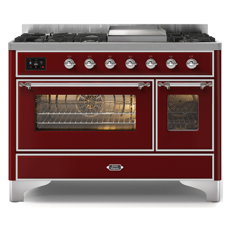 ILVE UM12FDNS3BUCLP Majestic II 48" Dual Fuel Range (Liquid Propane, Triple Glass Door, Burgundy, Chrome)