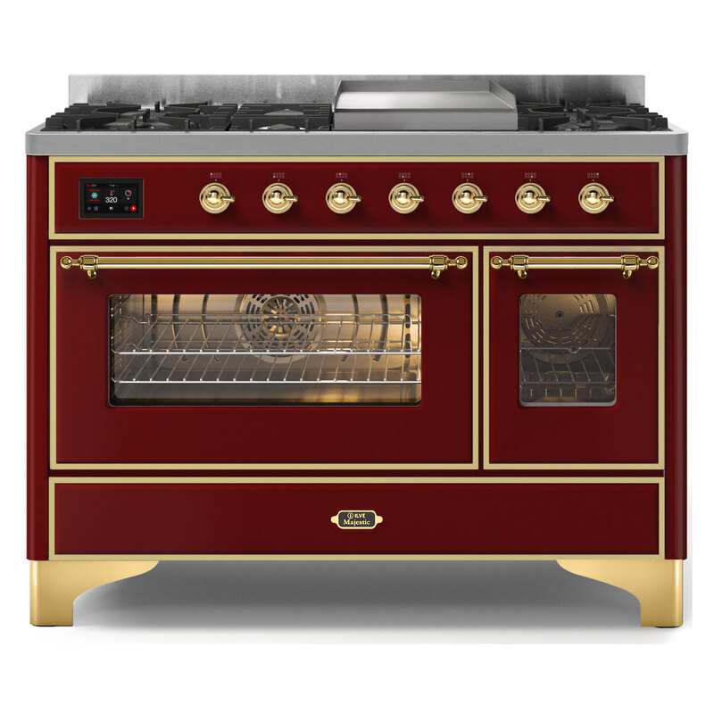 ILVE UM12FDNS3BUGLP Majestic II 48" Dual Fuel Range (Liquid Propane, Triple Glass Door, Burgundy, Brass)