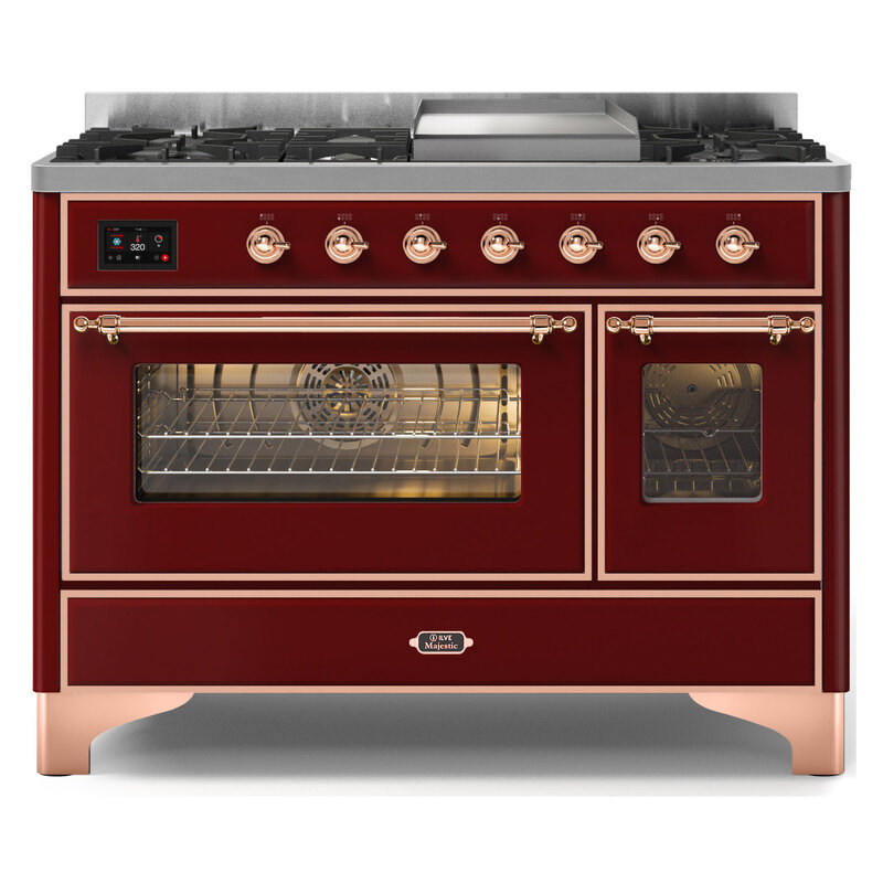 ILVE UM12FDNS3BUPLP Majestic II 48" Dual Fuel Range (Liquid Propane, Triple Glass Door, Burgundy, Copper)