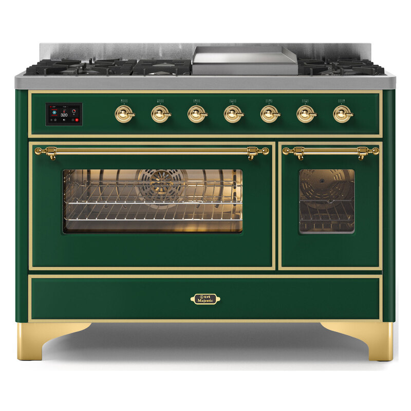 ILVE UM12FDNS3EGGLP Majestic II 48" Dual Fuel Range (Liquid Propane, Triple Glass Door, Emerald Green, Brass)