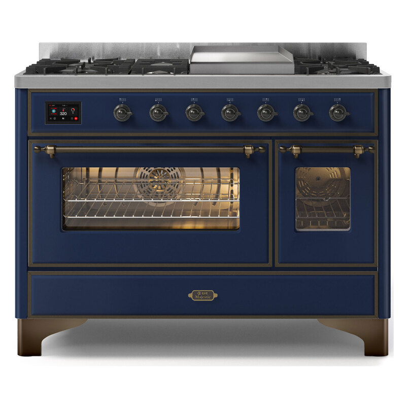 ILVE UM12FDNS3MBBLP Majestic II 48" Dual Fuel Range (Liquid Propane, Triple Glass Door, Midnight Blue, Burnished)