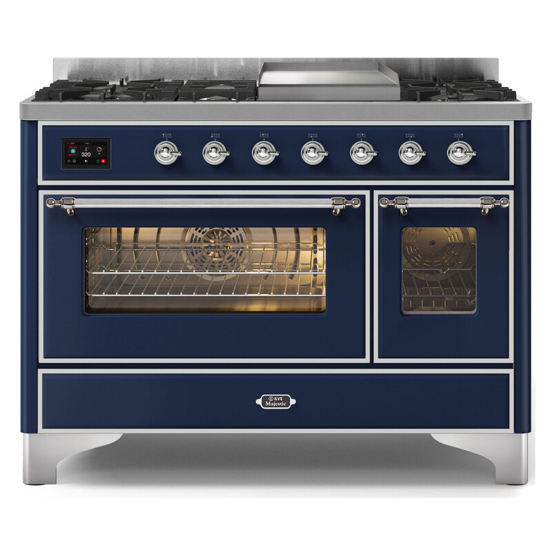 ILVE UM12FDNS3MBCLP Majestic II 48" Dual Fuel Range (Liquid Propane, Triple Glass Door, Midnight Blue, Chrome)