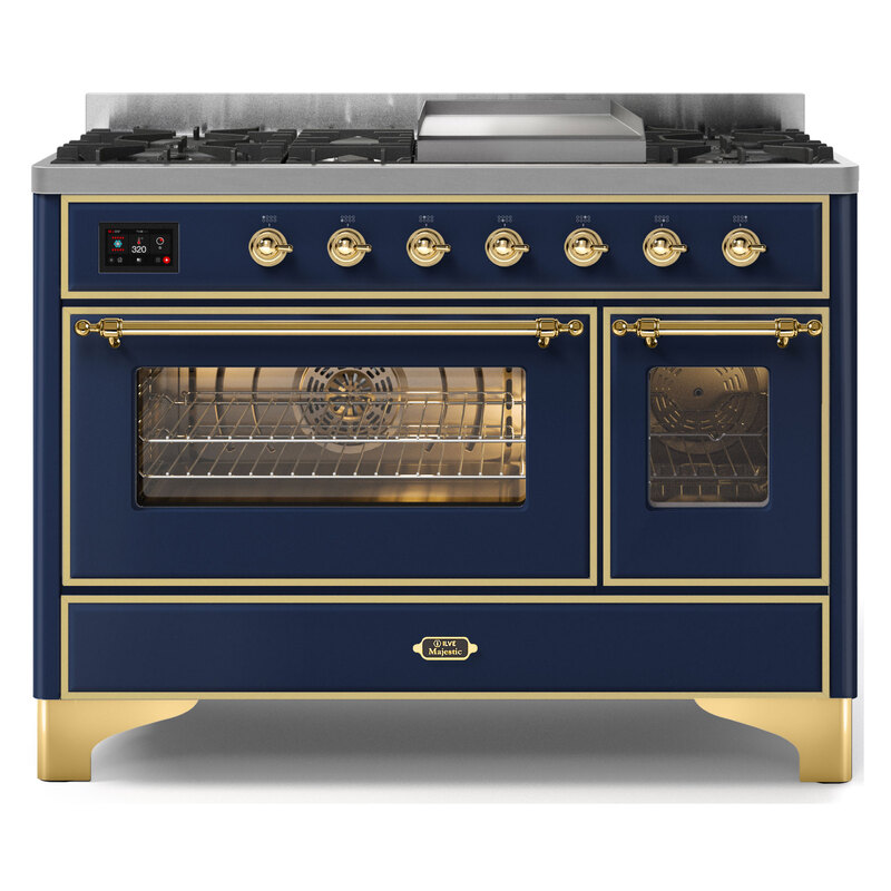 ILVE UM12FDNS3MBGLP Majestic II 48" Dual Fuel Range (Liquid Propane, Triple Glass Door, Midnight Blue, Brass)